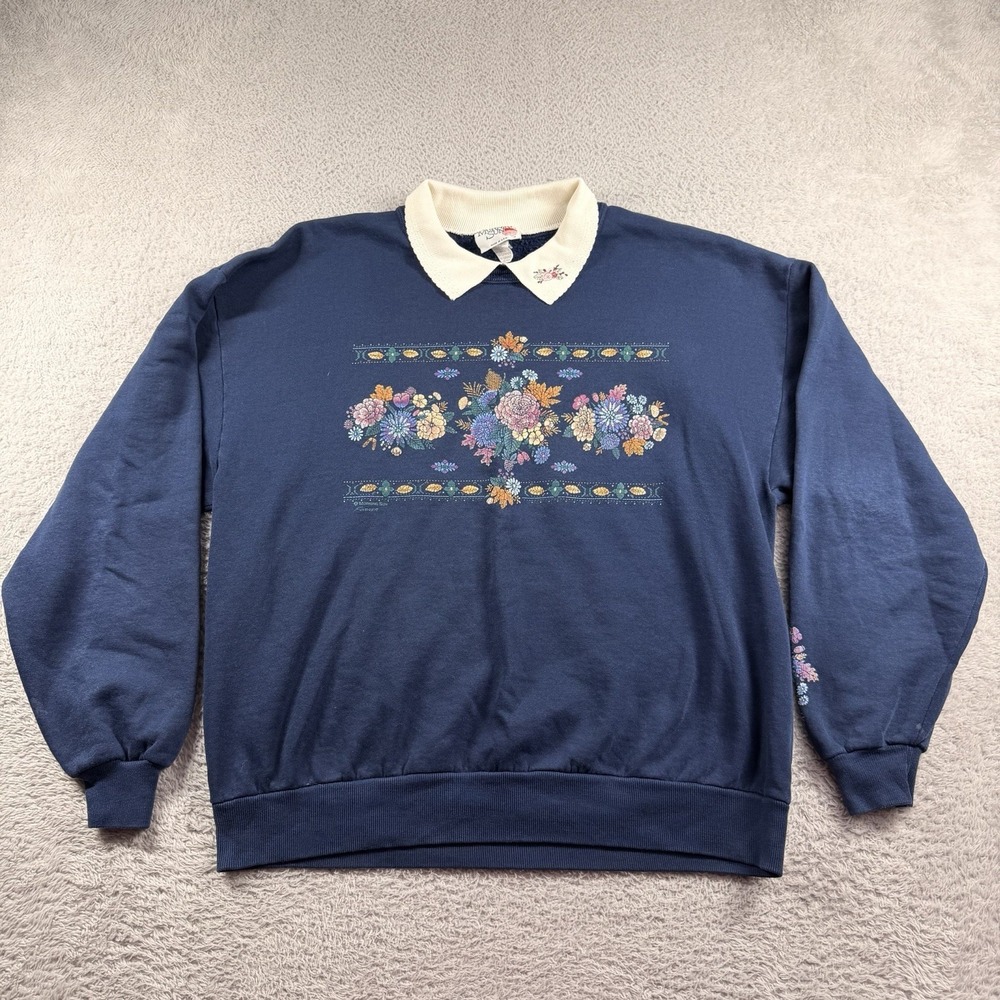 VINTAGE Grannycore Collared Crewneck Sweater XL Blue Embroidered Floral USA